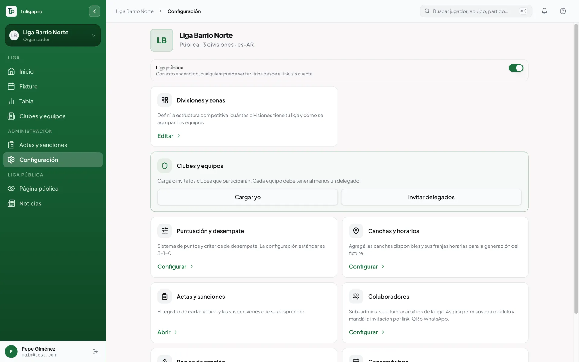 Centro de configuración de la liga con sus tarjetas: divisiones, clubes, puntuación, canchas y sanciones.