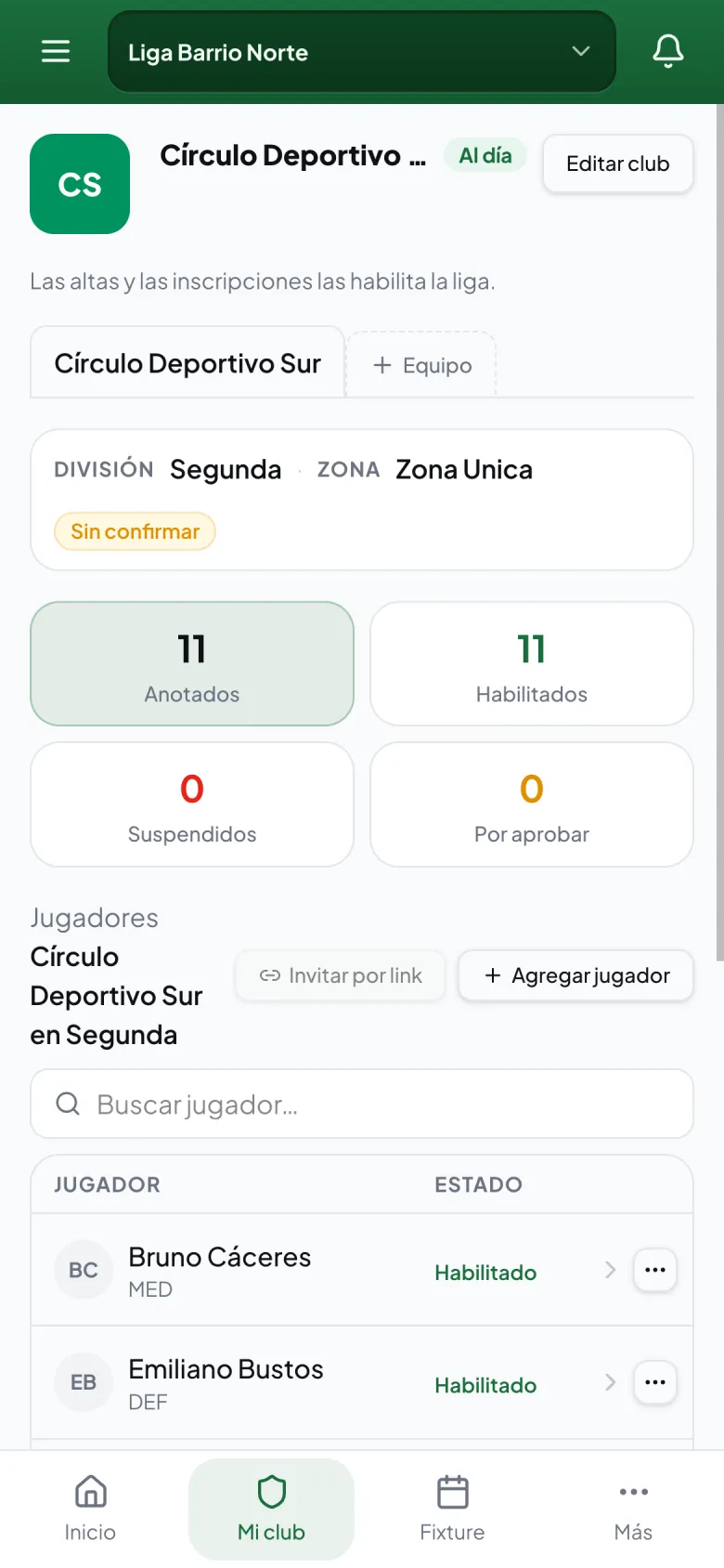 Pantalla Mi club del delegado con el plantel y los contadores de anotados, habilitados y suspendidos.