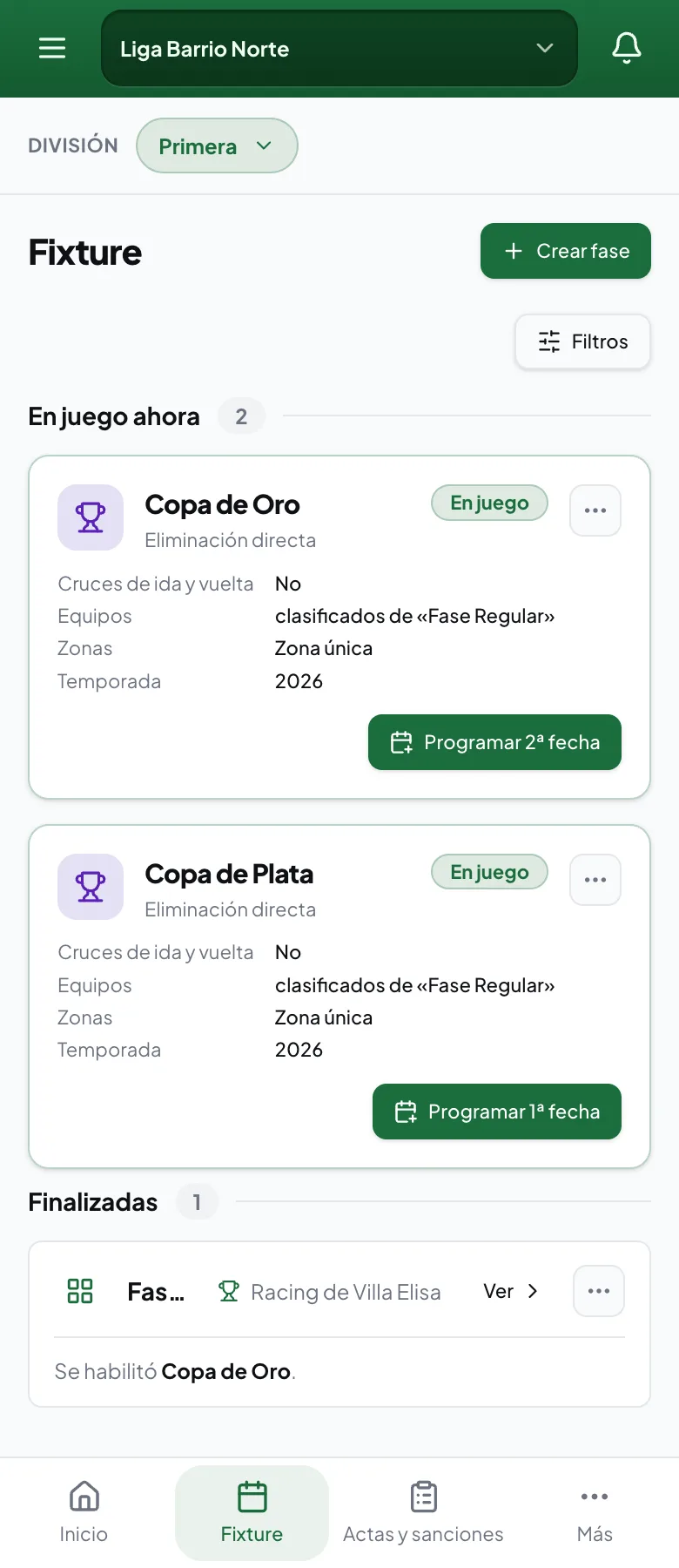 Fixture de la división Primera: la Copa de Oro y la Copa de Plata en juego, ambas de eliminación directa con los equipos clasificados de la Fase Regular, y esa fase regular ya finalizada con Racing de Villa Elisa como campeón.